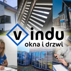 Kolaż zdjęć: dom z oknami, rolety, budynek firmy, pracownicy, okna i drzwi.