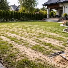 Kosz z piaskiem i grabie czekają na użycie. Widać przygotowania do piaskowania trawnika, aby zapewnić mu lepszy wzrost.
