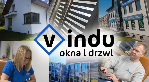 Kolaż zdjęć: dom z oknami, rolety, budynek firmy, pracownicy, okna i drzwi.