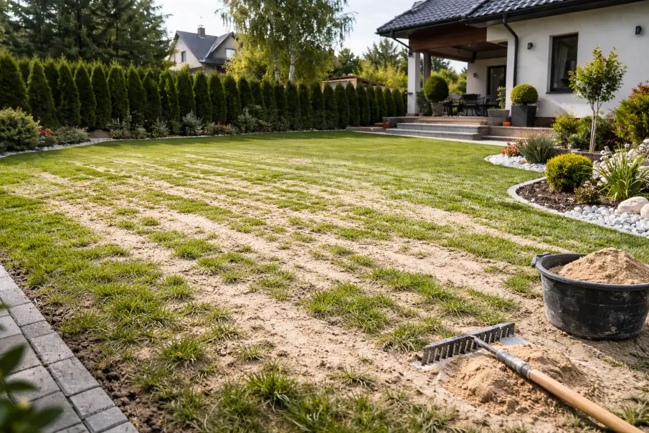 Kosz z piaskiem i grabie czekają na użycie. Widać przygotowany teren, gdzie będzie rozsypywany piasek do piaskowania trawnika, by zapewnić mu lepszy wzrost.